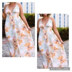New MAVERICK THE COLLECTION Women’s Orange Tropical Floral V-Neck Maxi Dress L
